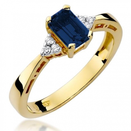 Złoty pierścionek z Szafirem 0,60ct i Diamentami próby 585 białe/żółte złoto